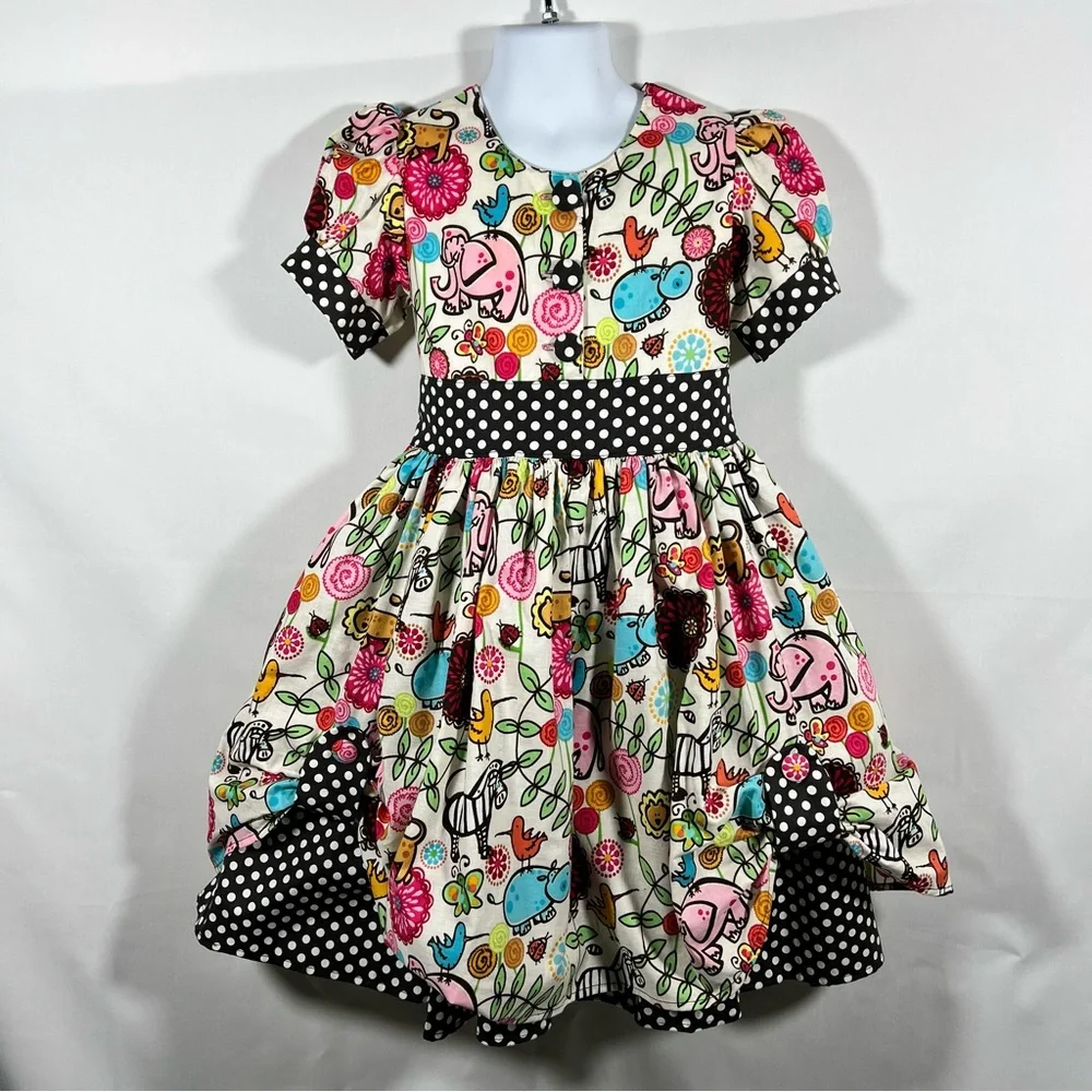 Dress Girls Size 5 Jungle Cotton Print Black White Polka Dots 90” Full Skirt